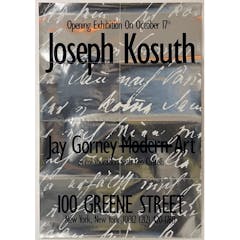 Metallic silver poster for Joseph Kosuth’s exhibit at the Jay Gorney Modern Art Gallery in New York City circa